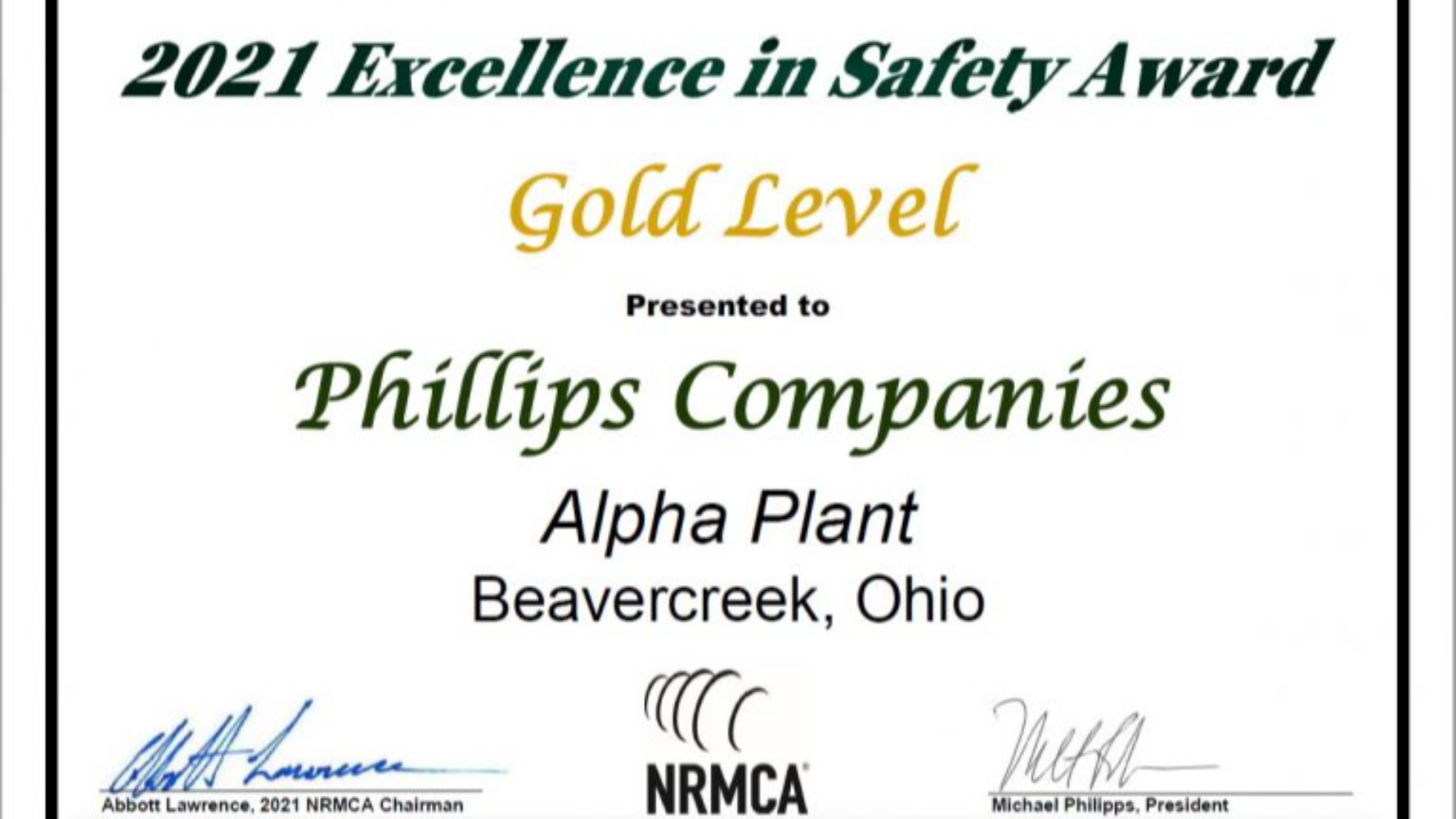 Phillips Companies Receives Gold Level – 2021 NRMCA “Excellence in Safety”